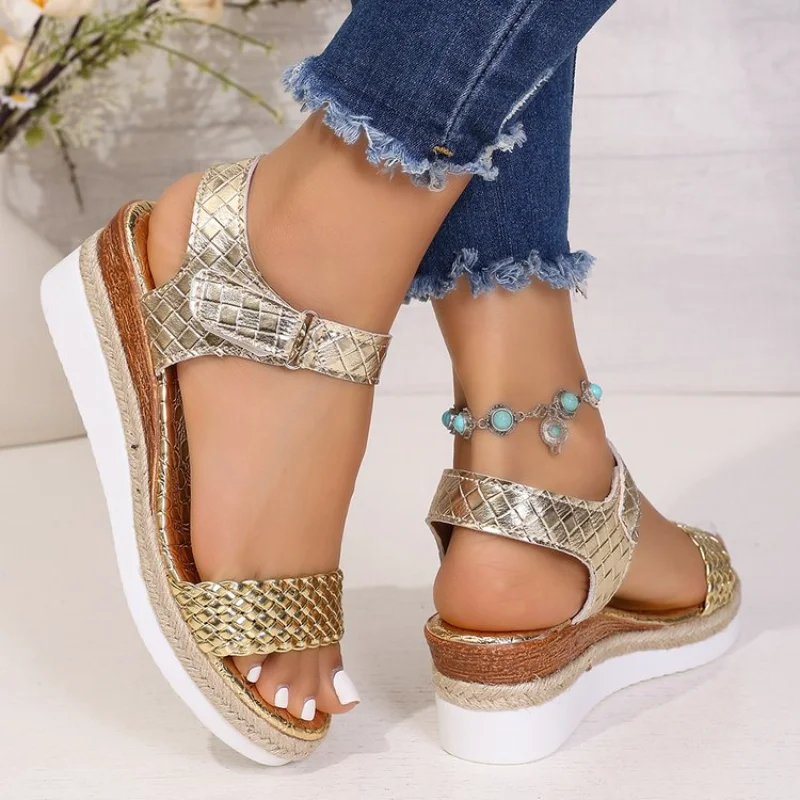 Women Summer Woven Wedge Sandals, Jute Trim Platform Flatform Sandals, Boho Vacation Open Toe Ankle Strap Casual Ladies Sandals