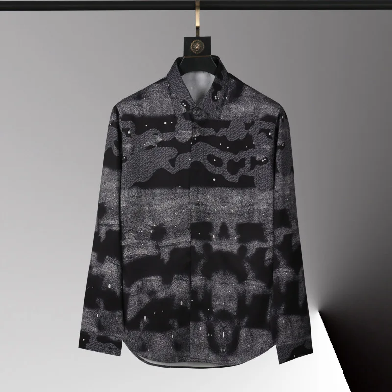 

New men's long sleeved printed shirt with fashionable fit, no ironing shirt, fashion show style, one piece hair replacement