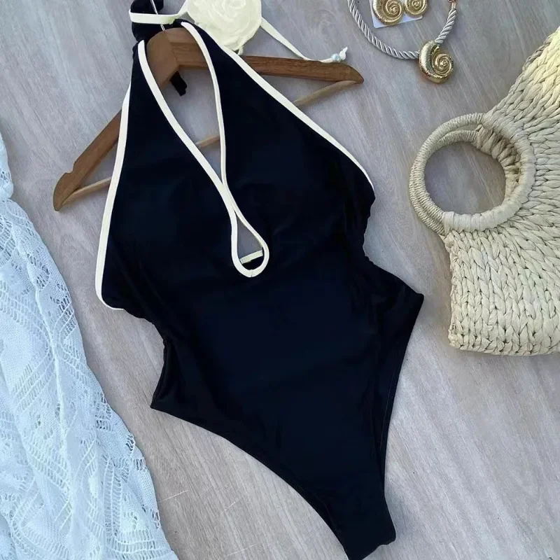3D Flower Solid One Piece Swimsuit Women Black/White Swimwear Sexy Deep V Neck Swimming Suit Backless  Bathing Suit for Women