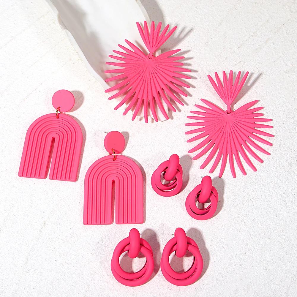 Lifefontier Exaggerated Hot Pink Double Round Acrylic Drop Earrings For Women New Geometric Arch Big Earring Jewelry Accessories