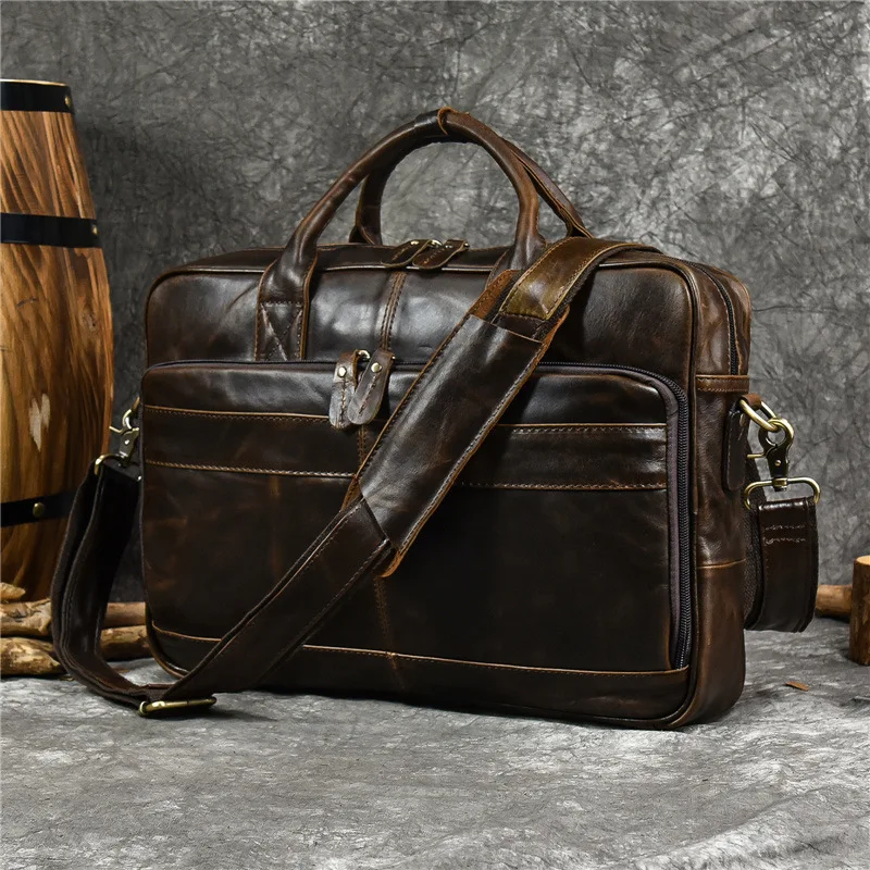 Genuine Leather Men's Briefcase Business Handbag Vintage Cowhide Male Shoulder Crossbody Bag Office 14 "Inch Laptop Bag