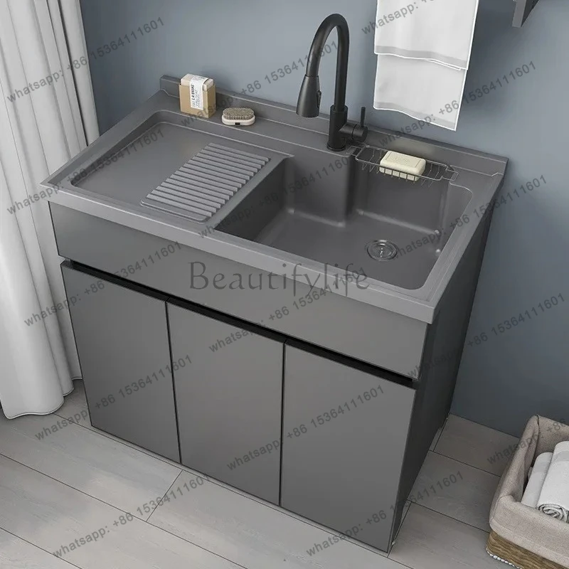 Space Aluminum Laundry Cabinet Balcony Laundry Sink Integrated Basin with Washboard Handwashing Basin