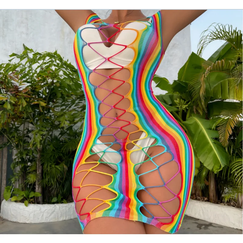 Sexy Rainbow Pornographic Lingerie Transparent Hollow Stripe Tight Women\'s Colorful Mesh Pajama Dress