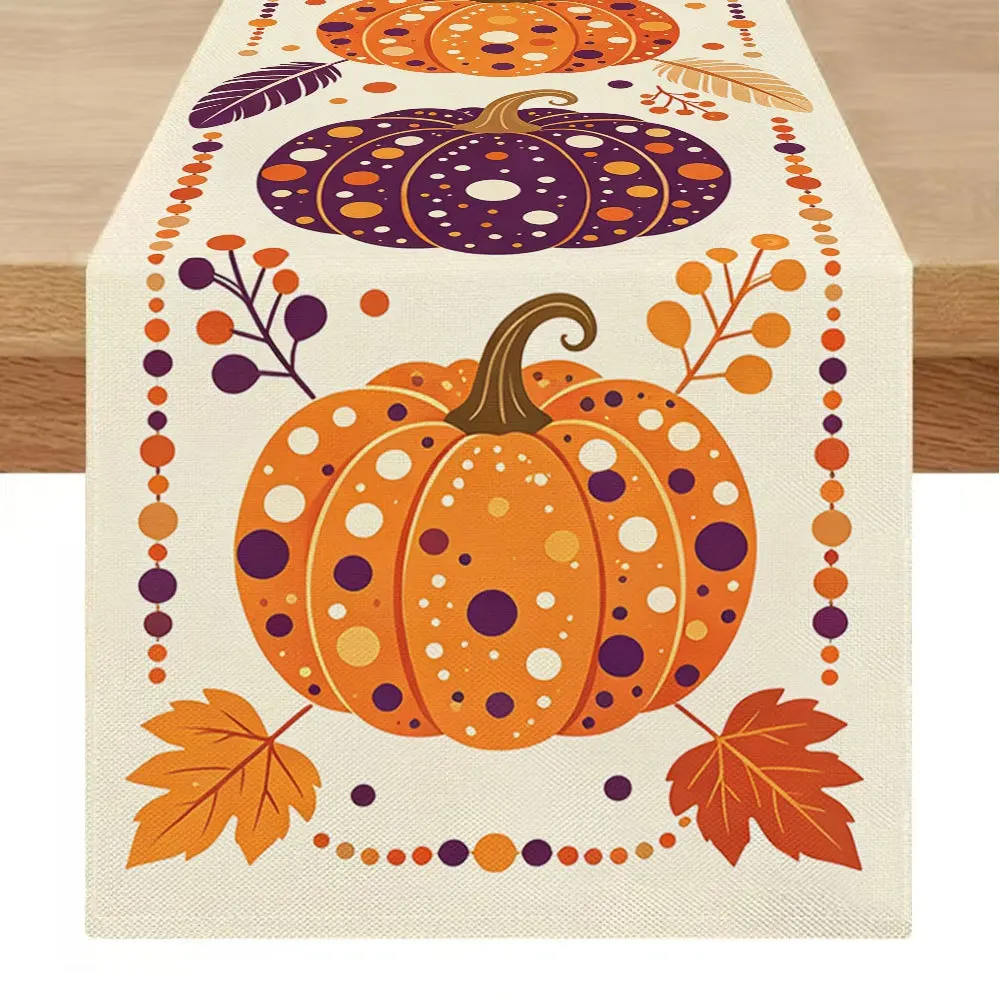 Linen Table Runner Brown Wood Grain Orange Pumpkin Vines with White Dots Rustic Autumn Harvest Table Decor  Dining Table