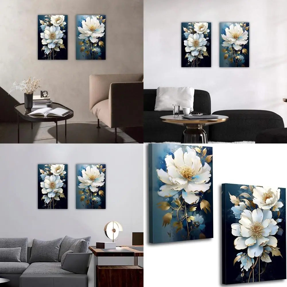 

Navy Blue & White Floral Wall Art - 2 Piece Framed Flower Prints for Home & Office Decor (16x24 inches)