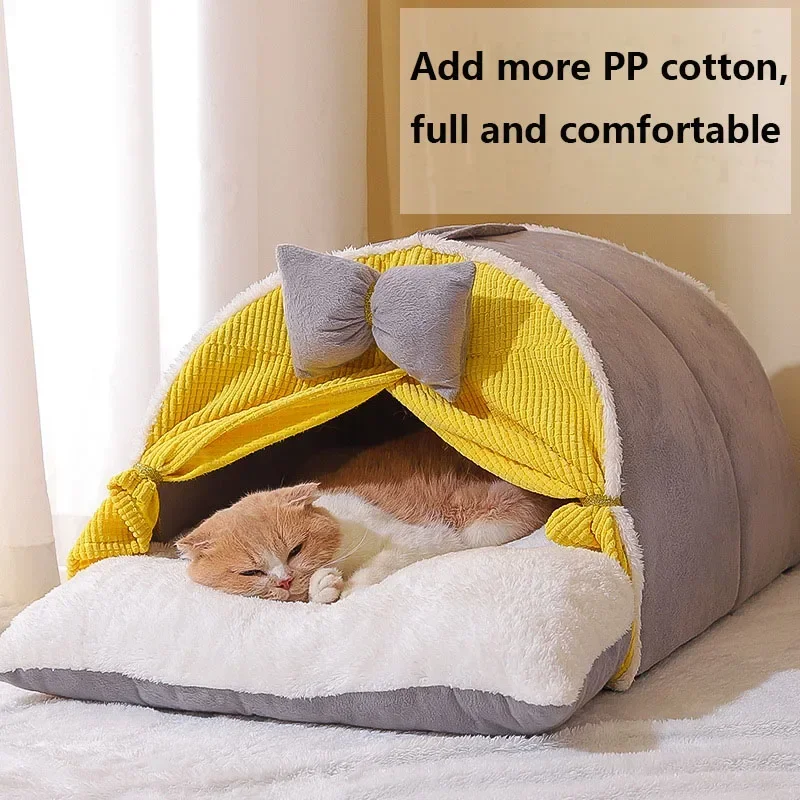 

Luxurious Semi-Enclosed Cat Kennel Bed Teepee Tent Kennel Mattress Cute Decorative PP Cotton Filling Warm Breathable All Seasons