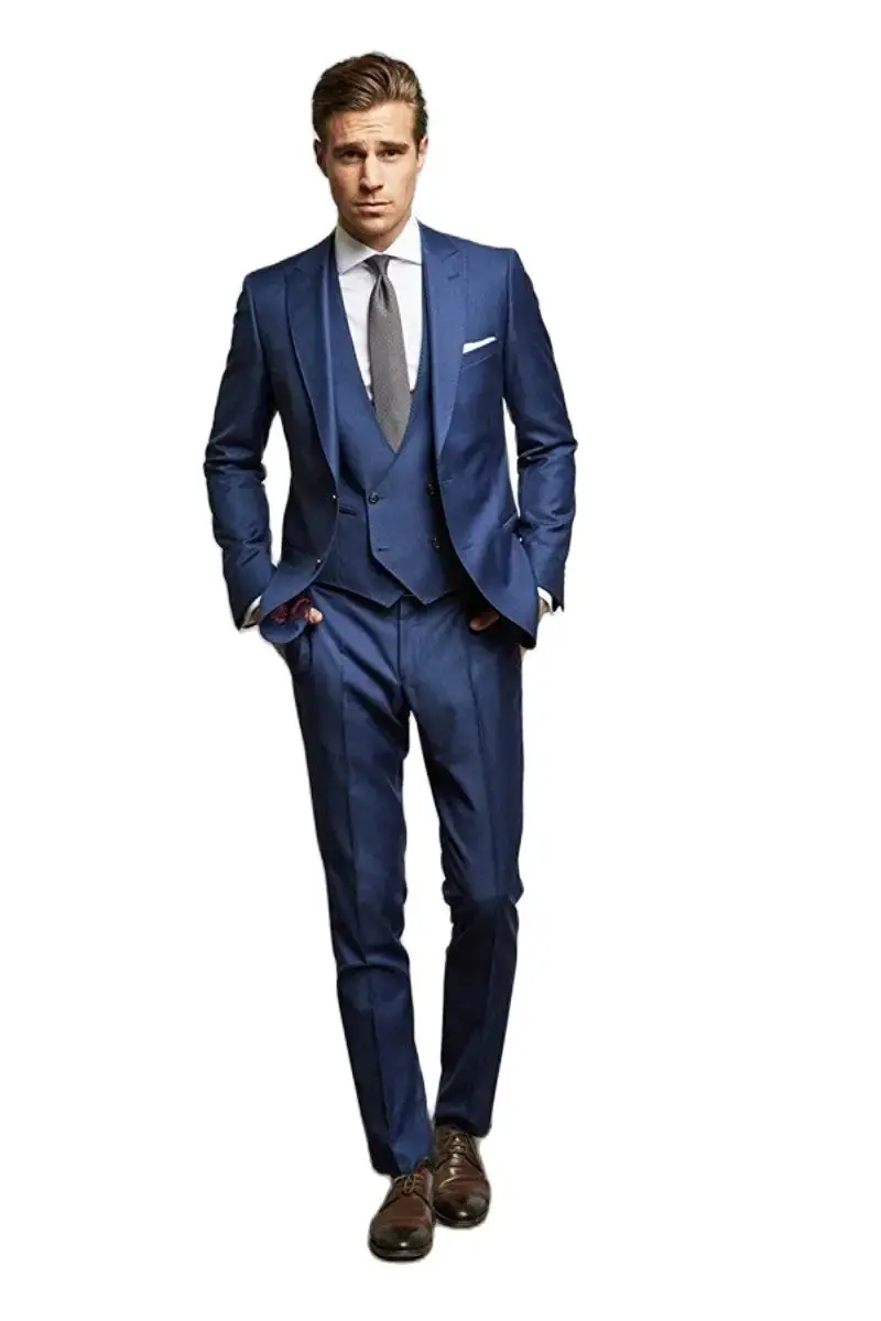 Abito da uomo blu Navy 3 pezzi Slim Business Casual per lo sposo di nozze giacca da smoking da lavoro formale gilet con pantaloni abito da sposo