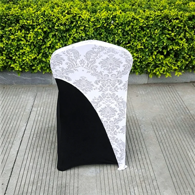 Bronzing Spandex Chair Cap Lycra Stretch Chair Covers Hood with Gold Foil Damask Print, Printe For Wedding Event Decoration