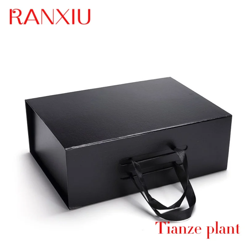 Custom Custom Branding Matte Black Magnetic Closure Paper Gift Box For Garments Ribbon Handle Rectangular Folding Clothing Packa