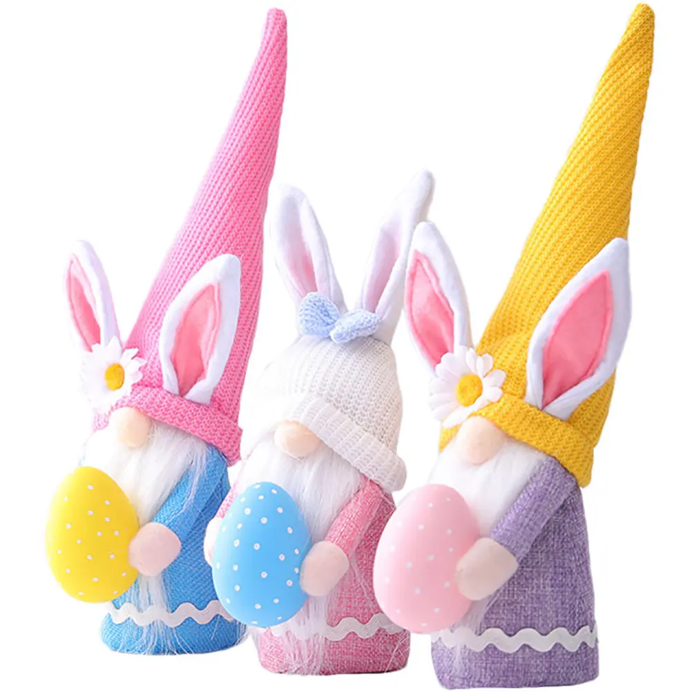 

3Pcs Rabbit Hug Egg Gnome Ornament Easter Bunny Gnome Desktop Decor Festive Home Decoration for Bookcase Table Garden Patio