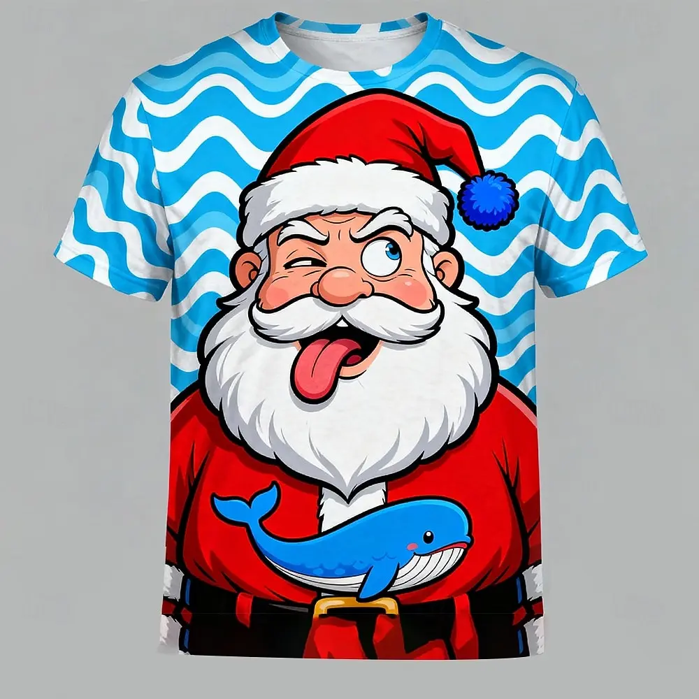 Christmas Men's 3D Print T-Shirt Cartoon Santa Claus Graphic Design Casual Round Neck short sleeve Tee Shirt Autumn Trendy Tops