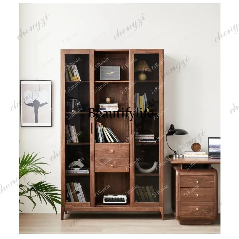 ZZZ Solid wood bookcase Bookshelf Nordic black walnut storage, storage, floor-to-ceiling bookcase with glass door