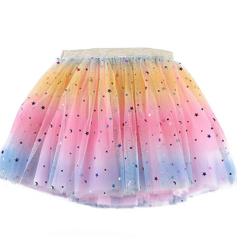 Girls Casual Short Yarn Skirt, Rainbow Assorted Color Multi-layer Elastic Waist Dress, Pink/ Yellow/ Purple/ Light Purple/ Rosy