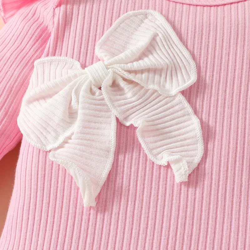 Clothes for Newborn Baby Girls 0-18 Months 3Pcs Set Pink Pit Stripe Long Sleeve Bodysuit Tops White Straight Pants with Hairband