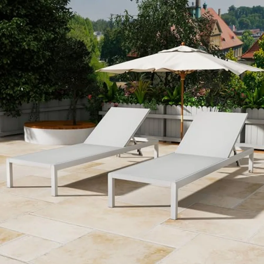 Outdoor chaise lounge chair set of 2: aluminum frame, black finish, 4-position recline + wheels, all-weather durability, 400lbs