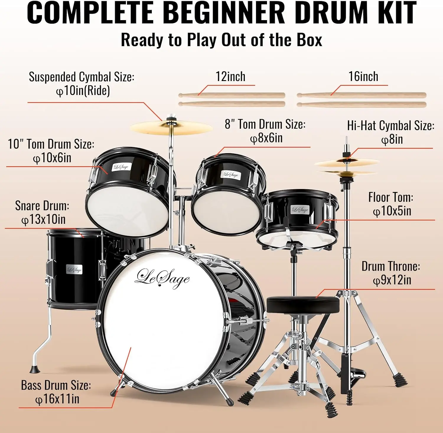 Complete 5-Piece Beginner Drum Set, 16-Inch Black Drum Kit