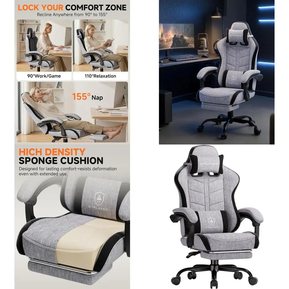 

Эргономичное игровое кресло для взрослых с подставкой для ног, регулируемой высотой, 90-155 см ° Кресло-реклайнер, съемная поясничная опора, серый цвет