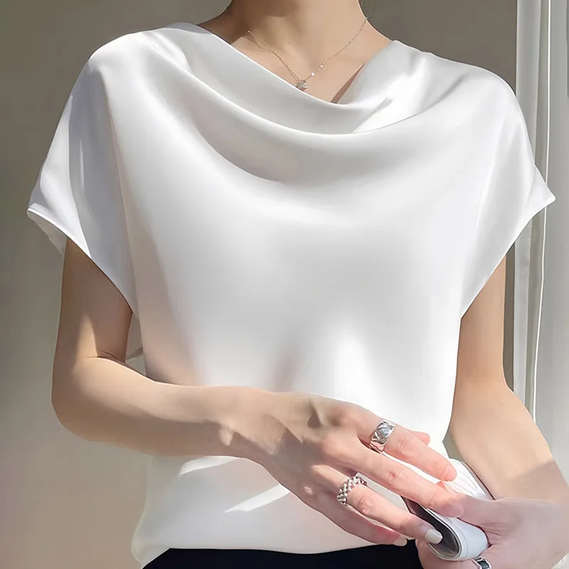

Summer Irregular Collar Satin Women's Blouses 2025 New Short Sleeve Elagant Korean Office Lady Casual Loose Shirts Female