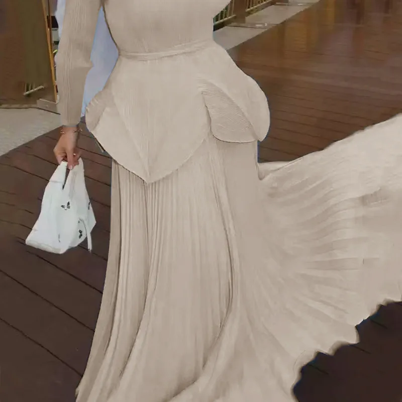 WHTREND 2 قطعة مجموعات للنساء قمصان مطوي + التنانير الطويلة طول الأرض بلون الإناث الملابس الفاخرة الخريف جديد WH1593 #4