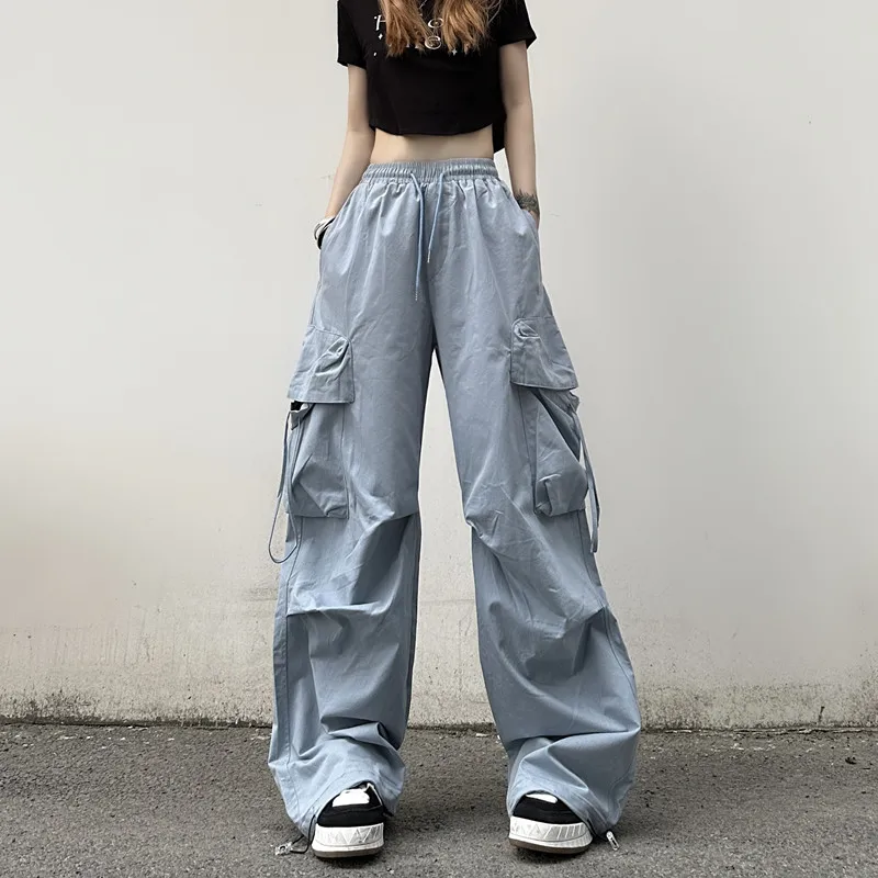 

Hip Hop Big Pockets Cargo Pants Women 2023 High Waist Drawstring Baggy Trousers Woman Streetwear Y2K Wide Leg Sweatpants