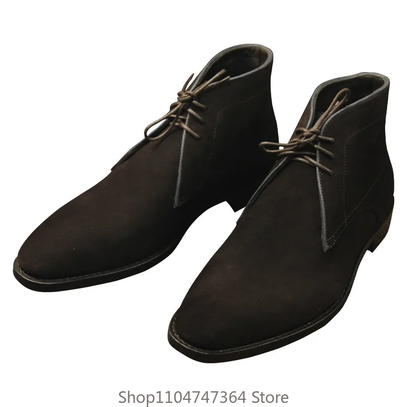British High Top Lace Top Casual Motorcycle Ankle Boots Men's Shoes Genuine Leather   Handmade Cowhide Trendy Chelsea Boots Male