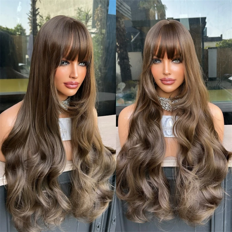 

Ombre Шоколадно-коричневый парик фронта шнурка с челкой Бесклеевые предварительно выщипанные натуральные волосы Длинные объемные волнистые парики для женщин 28 дюймов