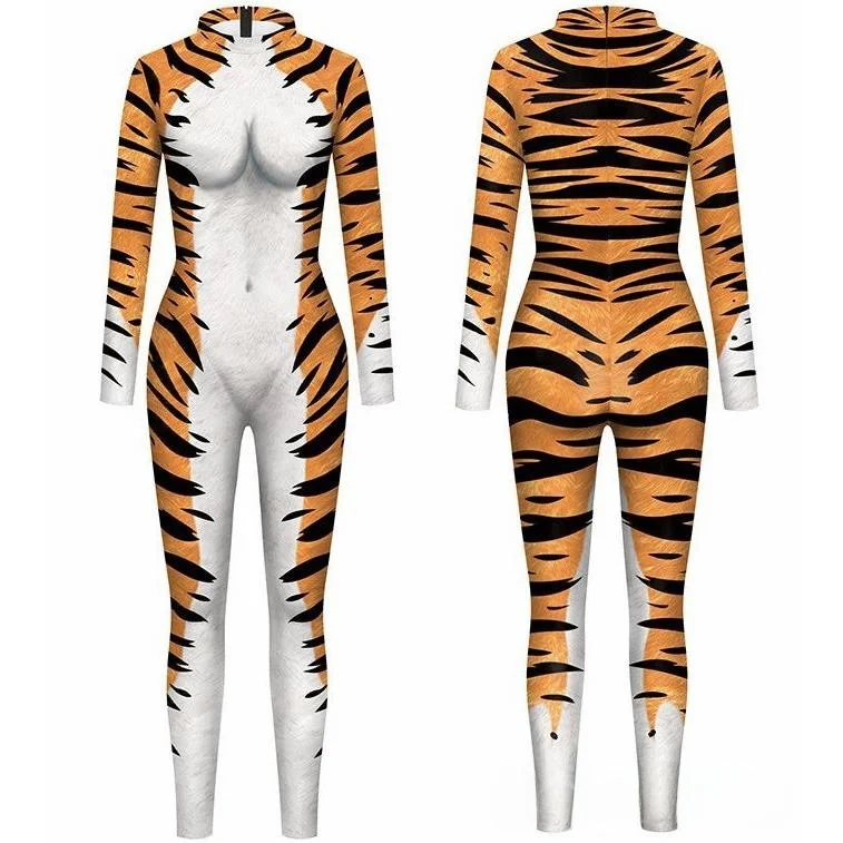 

High-End Tiger Onesie Performance Costume Elastic OS Tiger Men's Sle loween Animal ape Stage Outfit Tight Fit Suit