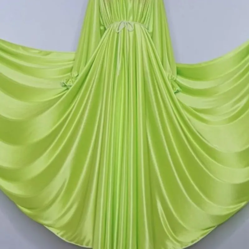 Large Swing Ice Silk Glossy Maxi Dress Ruffled Elastic Collar Long Sleeve Dress Couple Loose Silky Touch Sleeping Robe Plus Size