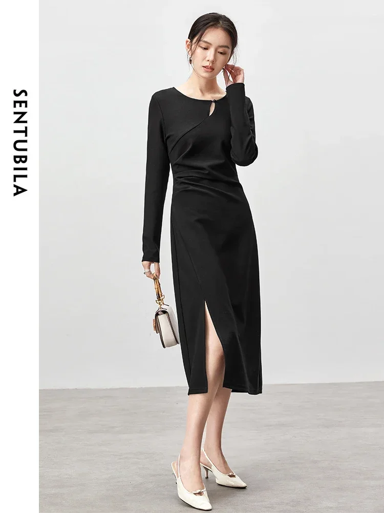 

SENTUBILA Women Knitted Dresses 2025 Autumn Elegant Slim Fit O Neck Waist Slit-Hem Black Dress Evening Luxury Dress 143L55917