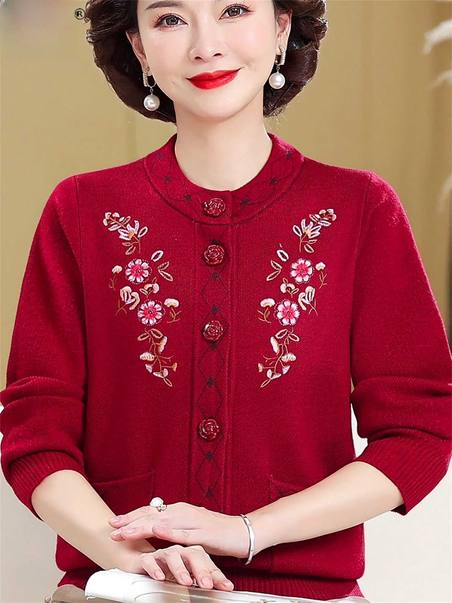 

Embroidered Knitted Cardigan round Ne Senior Women's Faion Casual Winter Warm Thiened Red Flower Embroidery Sweater Coat