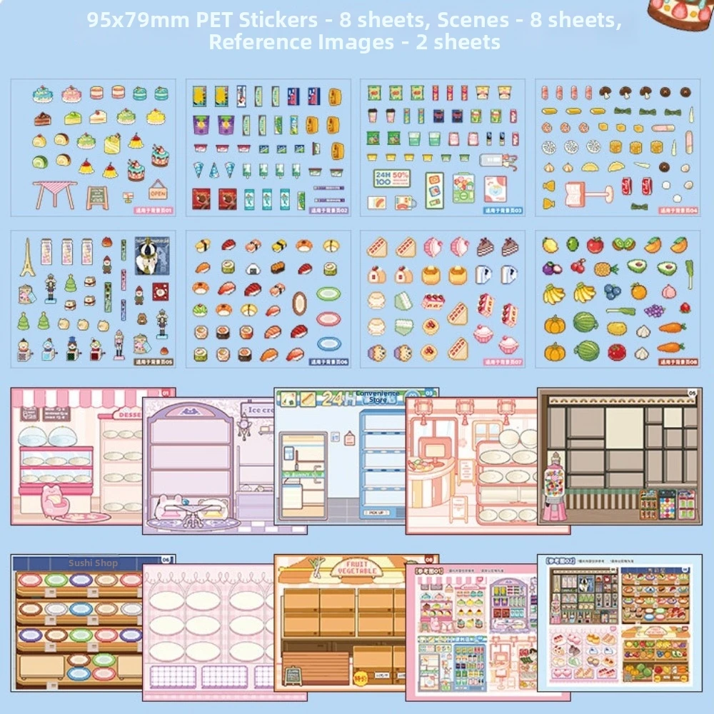 Store Themes 3D Sticker Book 8 Mini Scenes Simulation Games Scenery Stickers Food Fruit Desserts PET Stacking Sticker