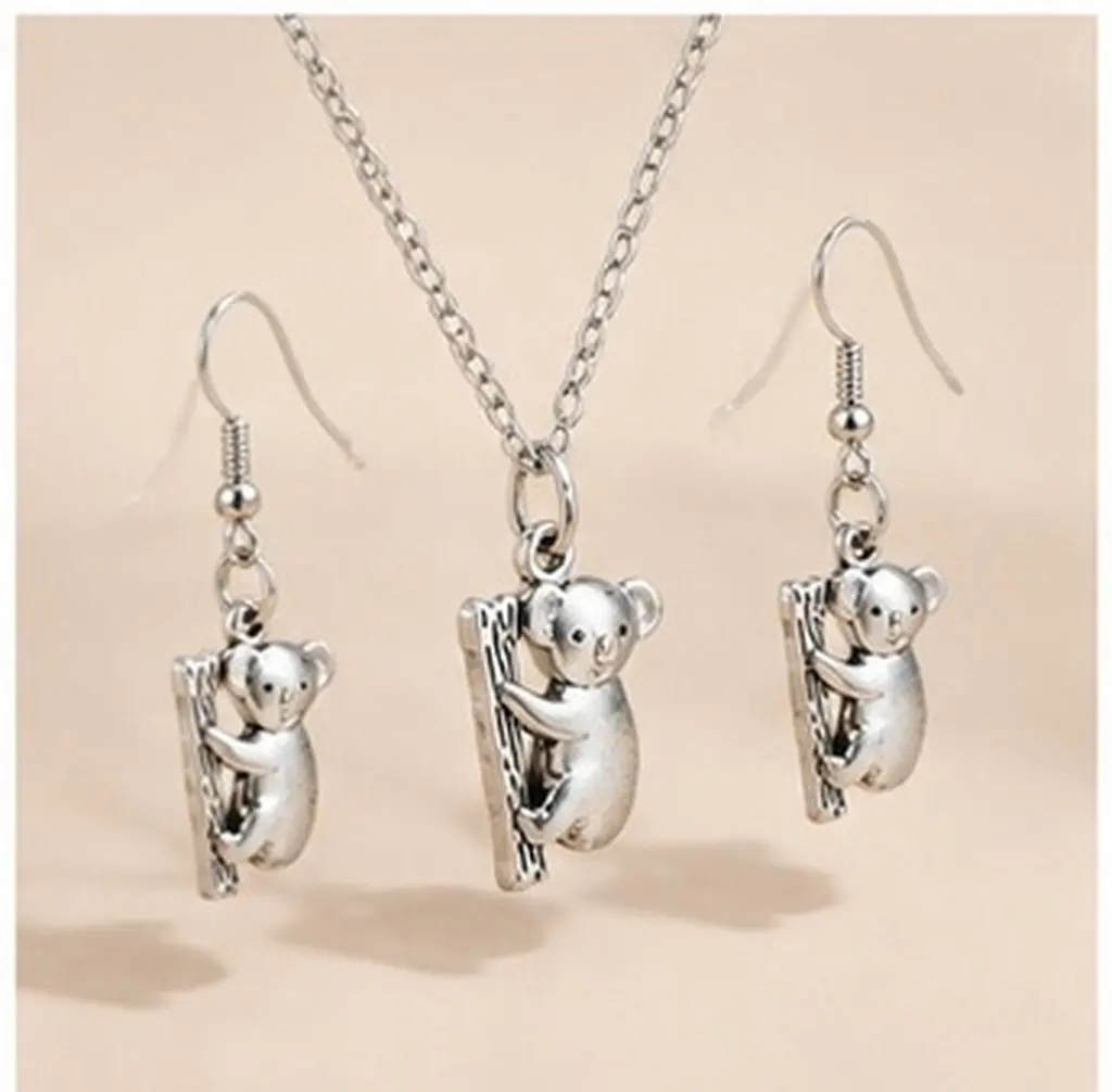 1Set Koala Shape Necklace Earring Set Alloy Jewelry Women Party Accessories Pendant Chain Dangle Earrings Gift Set
