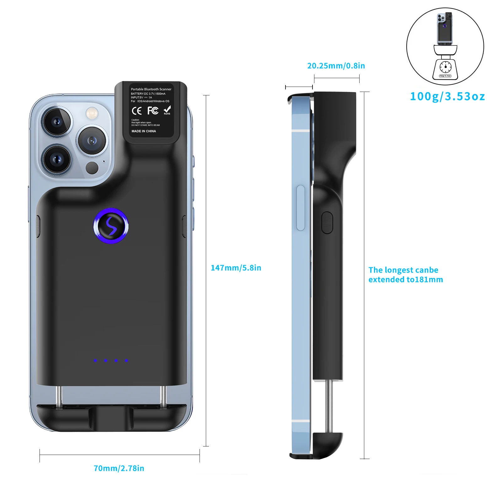JEESTON BX75 Scanner portatile per codici a barre wireless 2D Clip-on per smartphone