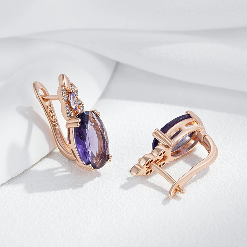 Kinel Sparkling Purple Oval Natural Zircon English Earrings for Women Fashion 585 Rose Gold Color Vintage Party Daily Jewelry