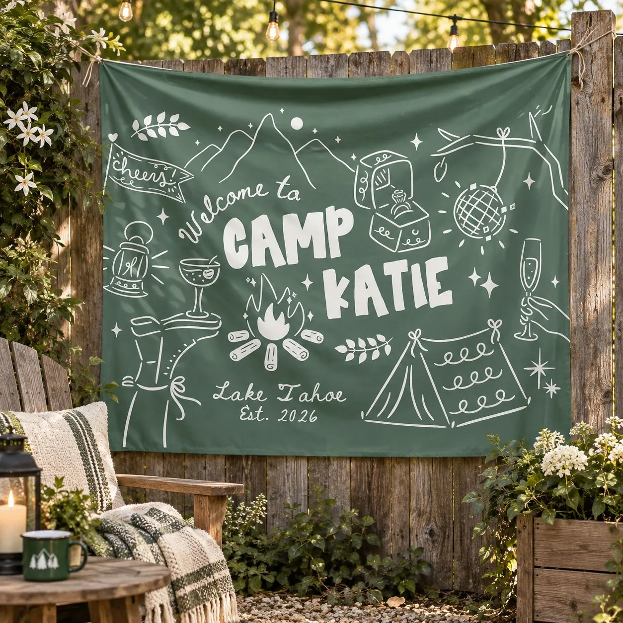 Custom Tapestry, Custom Name/Text & Location Wall Hanging, Horizontal Outdoor Backdrop, Decor & Travel Gift for Camping Lovers