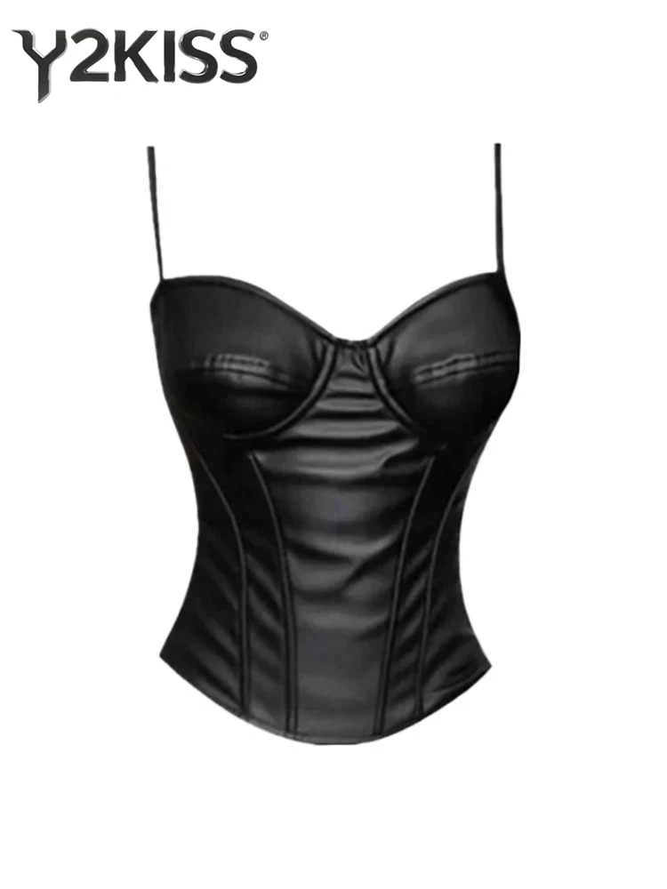 

Summer Women Pu Faux Leather Gothic Camisole Dark Academia Halter Top Coquette Grunge Gyaru Hot Sexy Y2k High Street New Trend