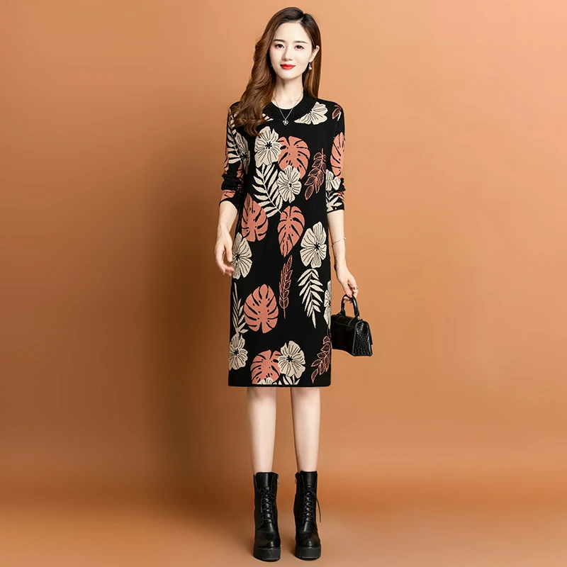 ZUO MAN RU 2023 Autumn/Winter New Wool Knitted Dress Printed Loose Large O-Neck Underlay Slim Knee Long Dress Bohemian Robe