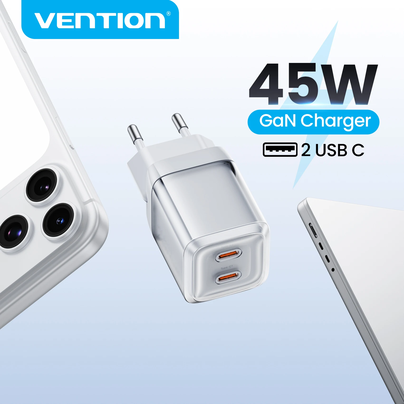 Vention 45W GaN Ladegerät EU/US-Stecker PD3.0 QC3.0 USB-C Schnellladung für iPhone 16 15 14 Pro Max Laptop Handy-Ladegerät