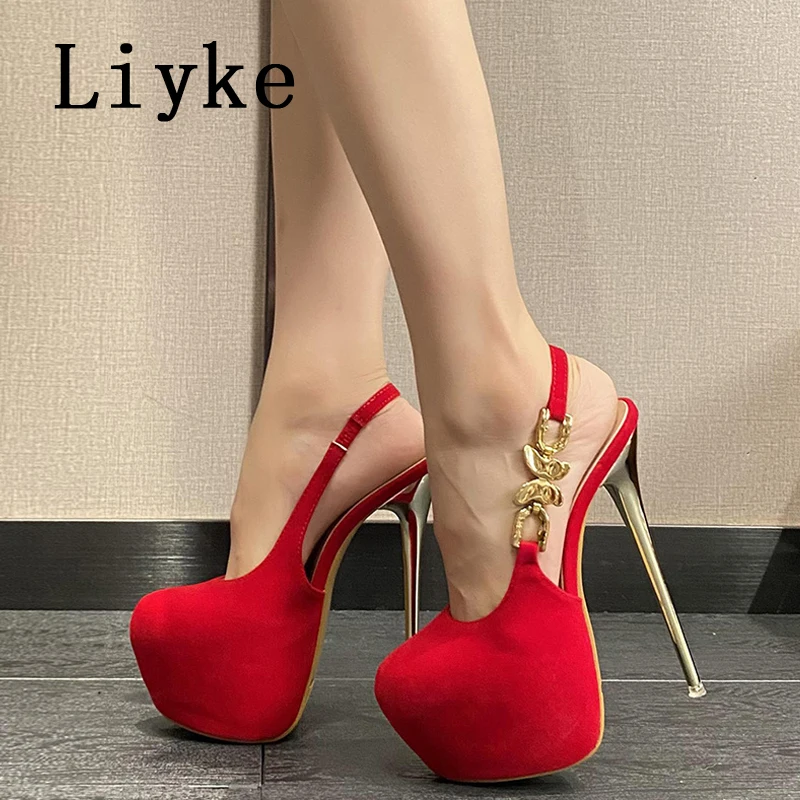 Liyke Fashion Design Metal Butterfly Chain Back Strap Women Platform Pumps Pink Round Toe Ultra High Heels Strip Pole Dance Shoe