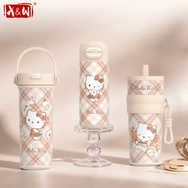 X&W Light Brown Hello Kitty Series Vacuum Flasks Stainless Steel Kawaii Drink Cup Leak-proof Outdoor Sports Water Cup for Kids