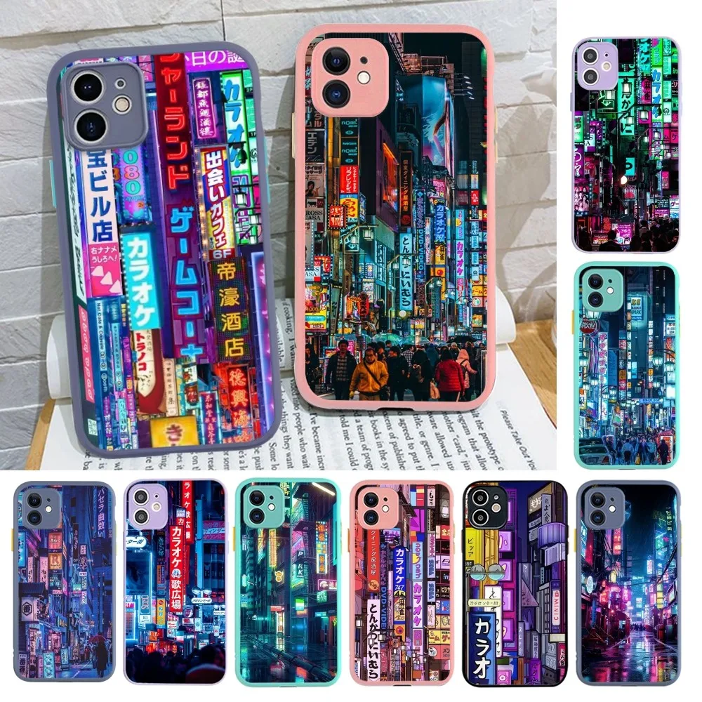 Japan Aesthetic Tokyo Neon Lights City Street Phone Case For iPhone 14 X XR XS 7 8 Plus 11 12 13 pro MAX 13mini Matte Shockproof