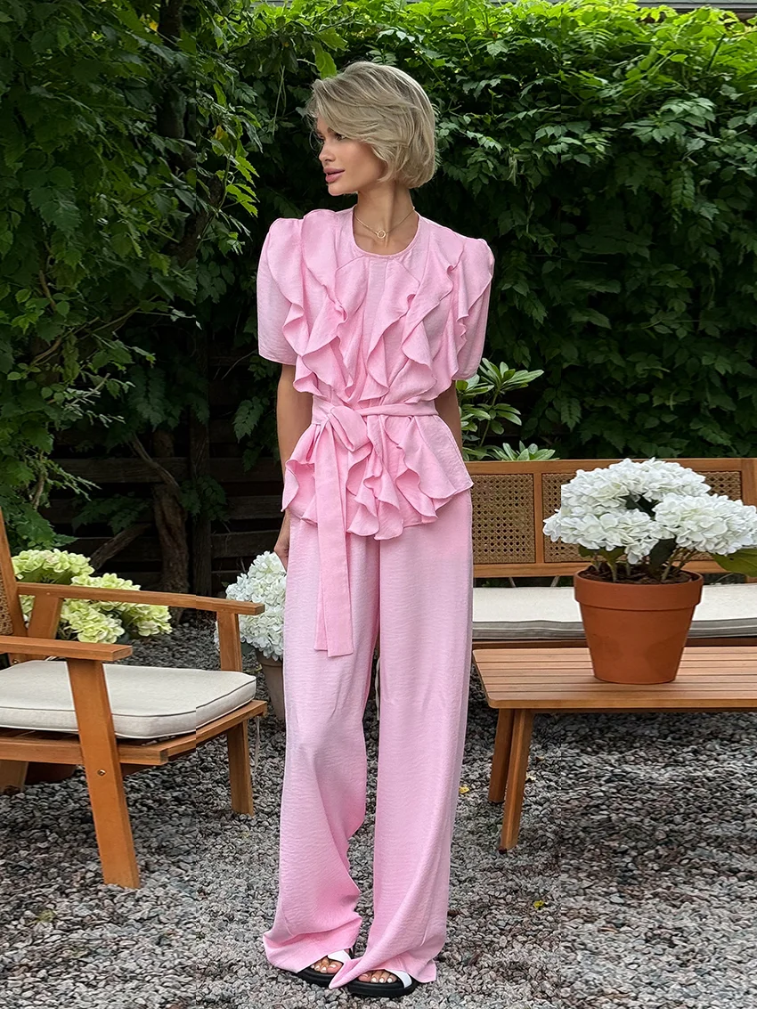 

Marthaqiqi Fashion Women Sleepwear Set O-Neck Nightie Half Sleeve Pajamas Lace Up Nightgowns Pants Ladies Nightwear 2 Piece Suit