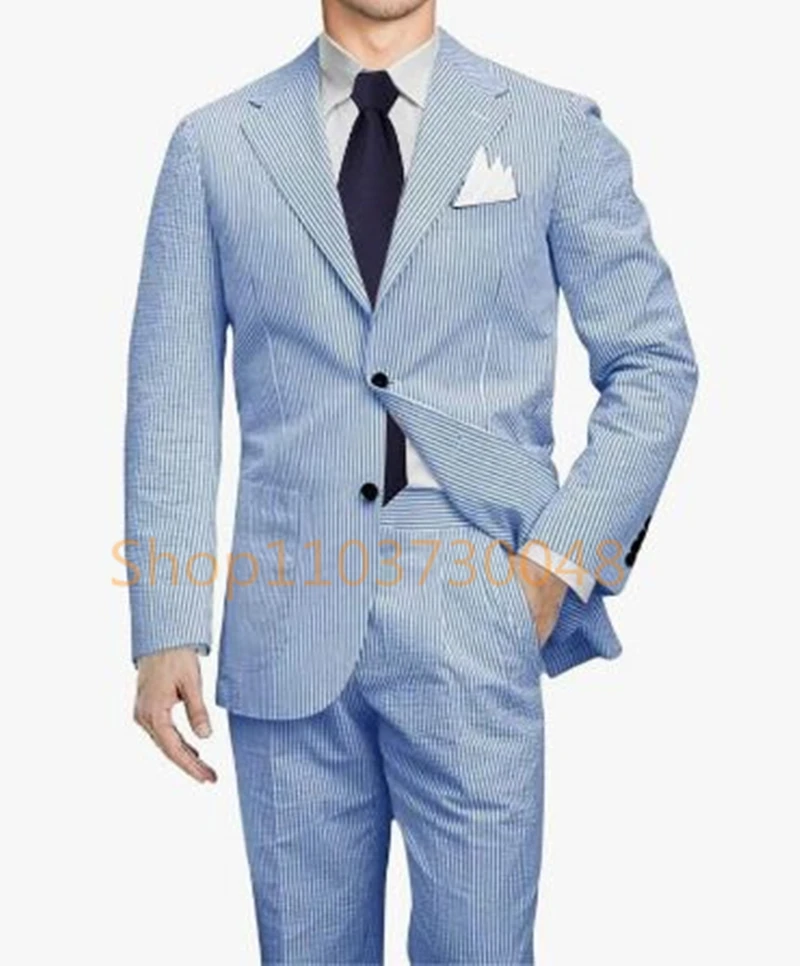 Casual Men's Seersucker Suit Streetwear Elegant Fashion Popular Men Clothes Uniform Blue Striped Well Fitting Formal Blazer Pant