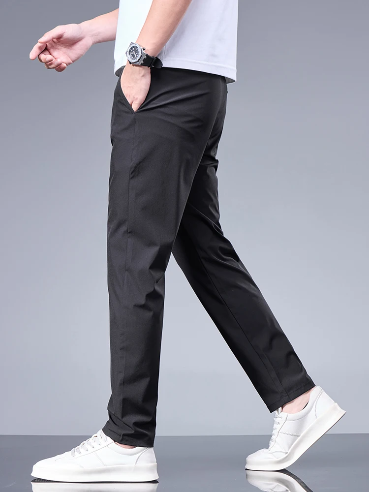 Summer New Business Ice Silk Pants Straight Elastic Waist Black Gray Trousers Breathable Simple Male Clothing Casual Suit Pants