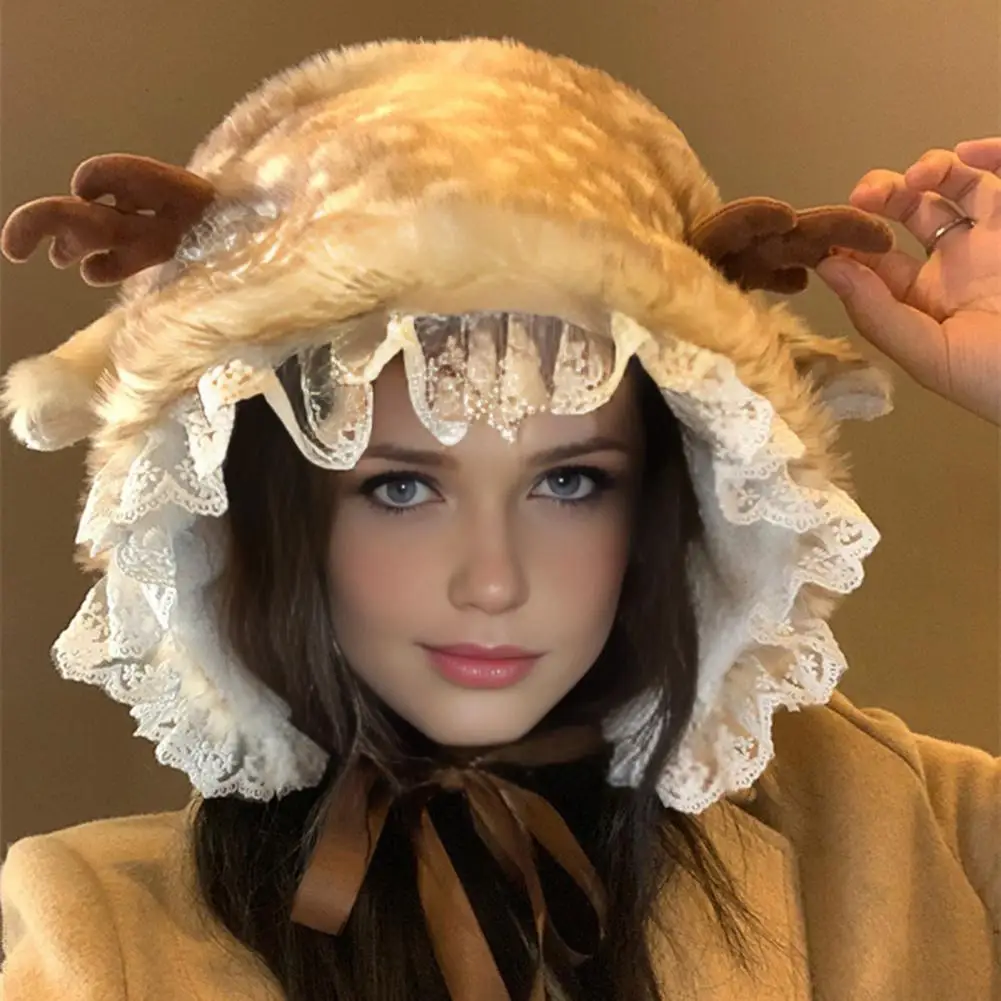 

Deer Design Winter Hat Plush Ears Women Furry Animal Hat Cold Days Skiing Snowboarding Windproof Ear Protection Warm Hat