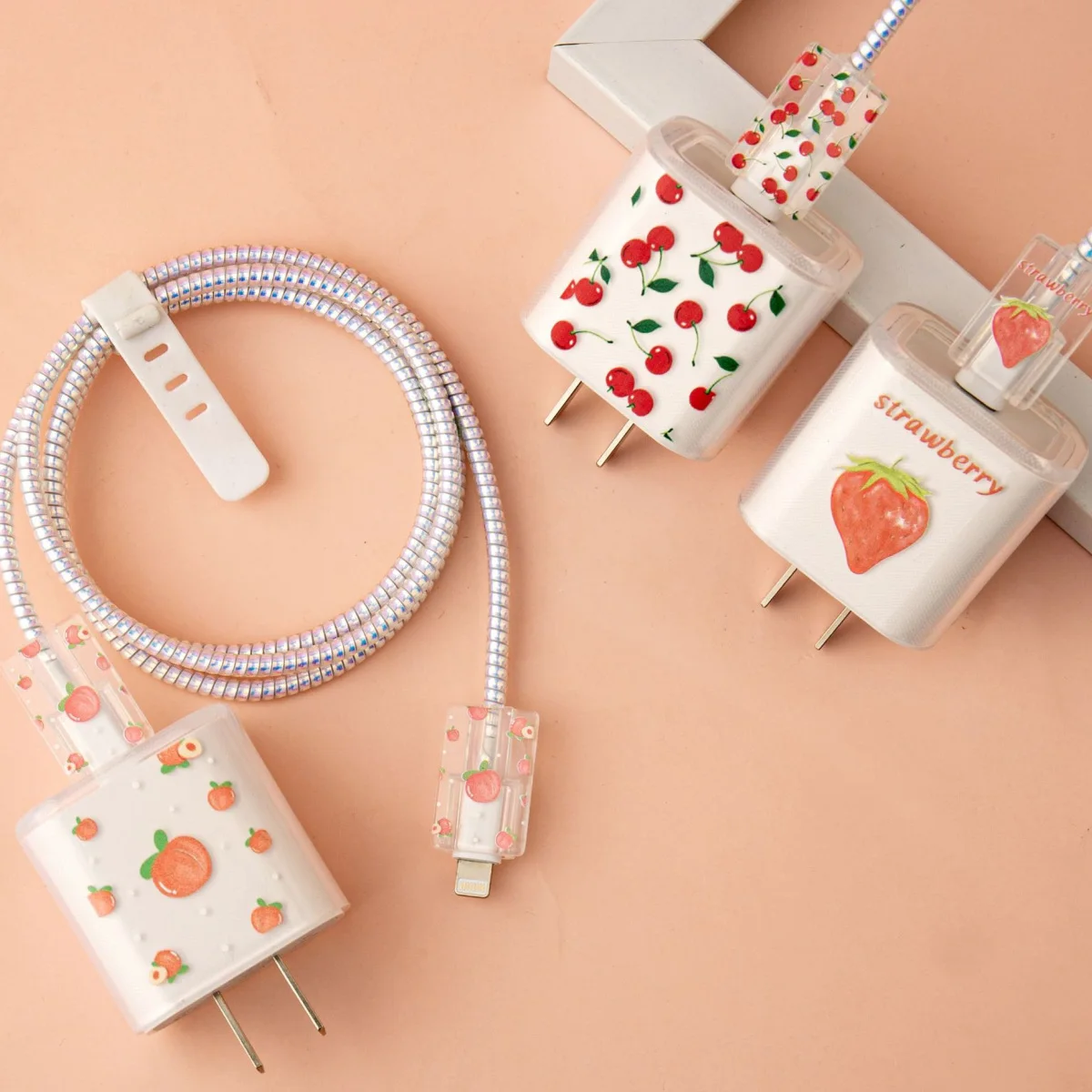 Strawberry Cherry Peach 5pcs Cable Protector for IPhone/ iPad 18W/20W Charger Case Cable Management Phone Wire Cord Organizer