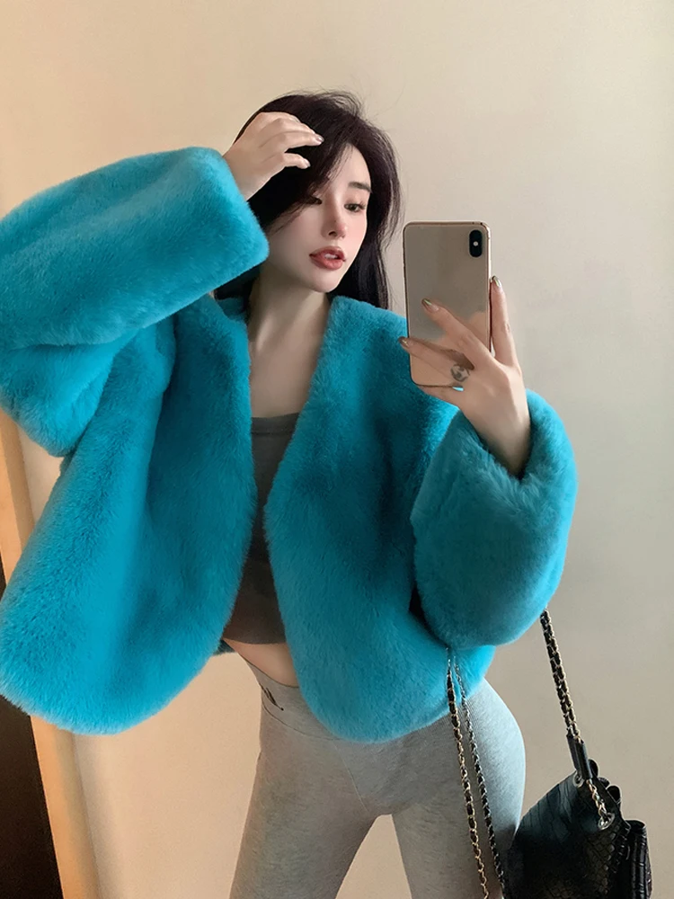 Women V-Neck Senior Fluffy Plush Faux Fur Jacket Autumn Winter 2023 New Temperament Thickening Warm Single Breasted Short Coat