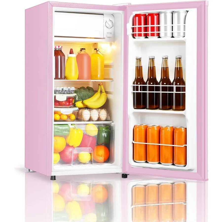 Compact Mini Fridge with Freezer for Dorm Office Bedroom 3.1 Cu.Ft Pink Single Door Refrigerator with LED Light Adjustable Ther