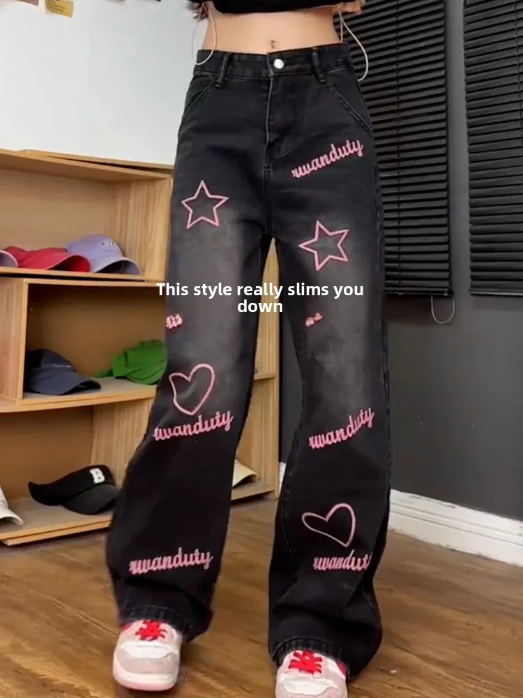 

High Waist Loose Straight Leg Embroidered Pattern plus Size Denim Jeans for Women Retro Sle Comfortable Wide Leg Pants