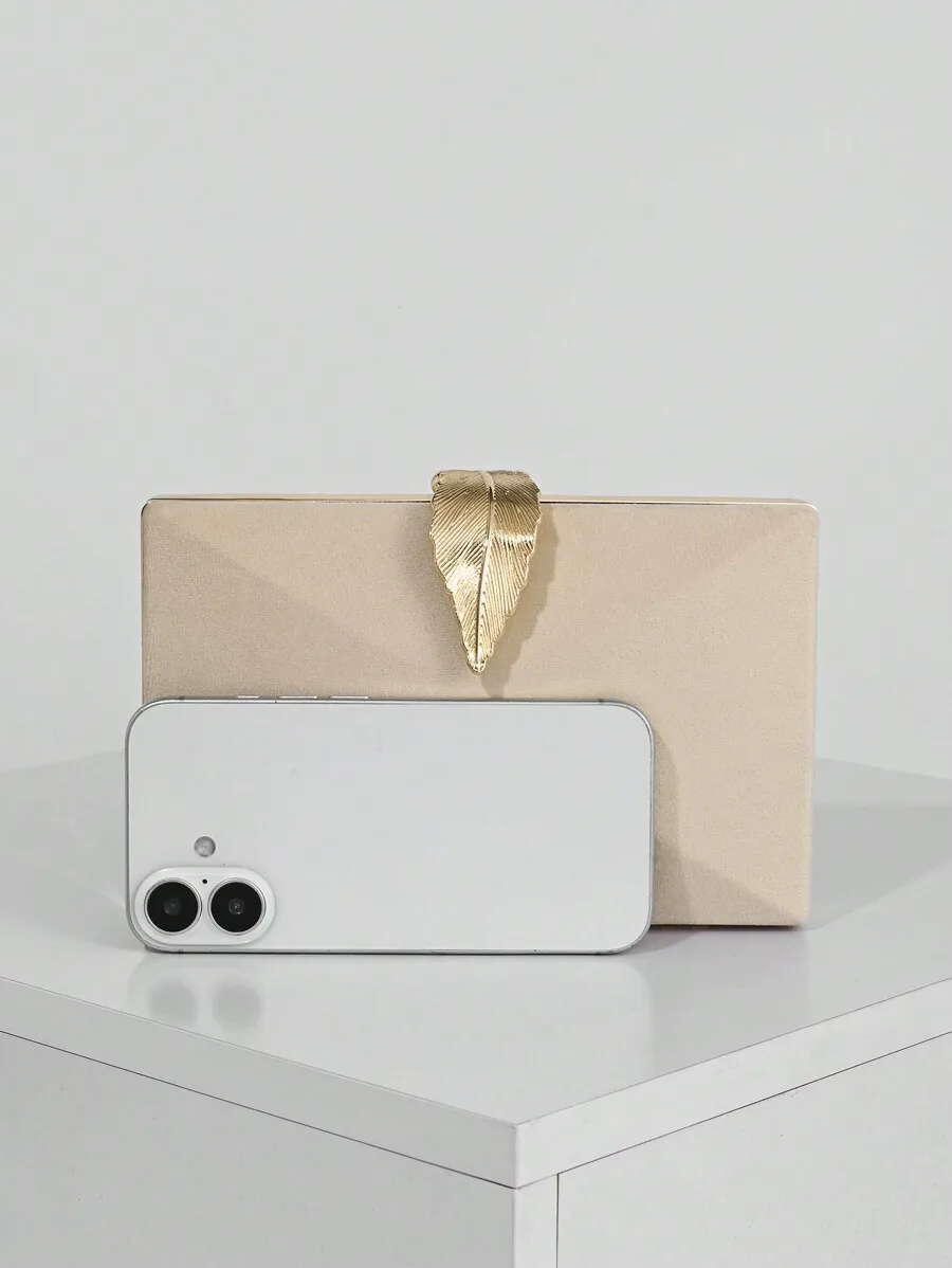 

Womens Velvet Box Clutch Bag Apricot Evening Handbag With Leaf Metal Buckle For Party Wedding Formal